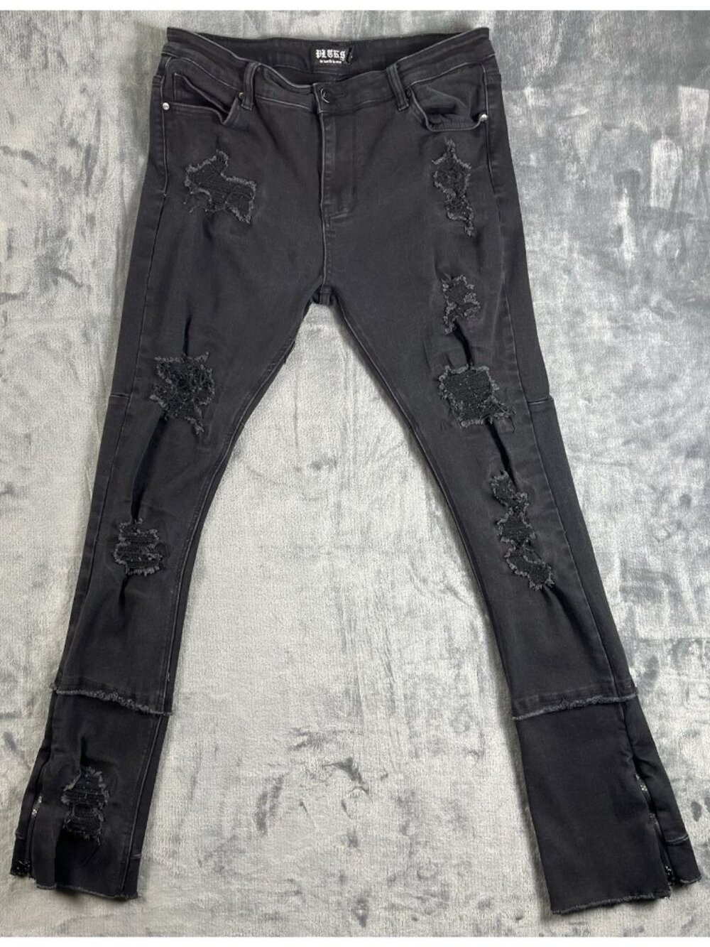 Politics Jeans "The World Is Ours" Black Distressed Men's Skinny Size 36 Stretch